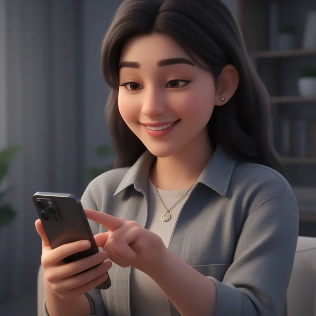 Confident Malaysian woman checking the LEGOWIN33 casino app on her smartphone with a relaxed smile in a modern lifestyle scene