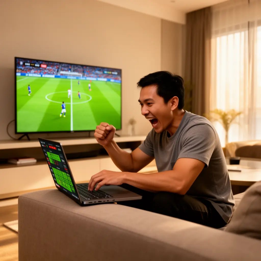 Passionate Malaysian sports bettor celebrating a winning moment while using a laptop with live soccer betting on LEGOWIN33 at home